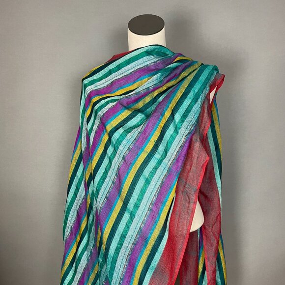 Long Striped Scarf Woven Sparkle Fringe Boho Metallic 82" x 28.5" Green Purple - Picture 4 of 11